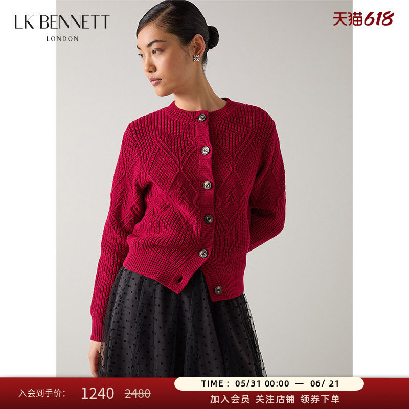 LK BENNETT红色针织开衫冬新绵羊毛时尚百搭粗针扭花编织外套