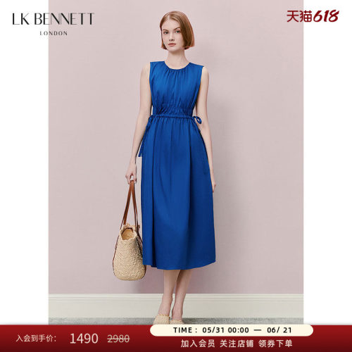 LK BENNETT蓝色纯棉无袖连衣裙夏季新款女简约宽松抽绳收腰