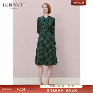 【凯特王妃同款】LK BENNETT绿色真丝连衣裙女春长袖蝴蝶结桑蚕丝