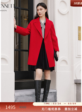 LK BENNETT蕉红色绵羊毛双面呢大衣冬新款插肩袖腰带设计