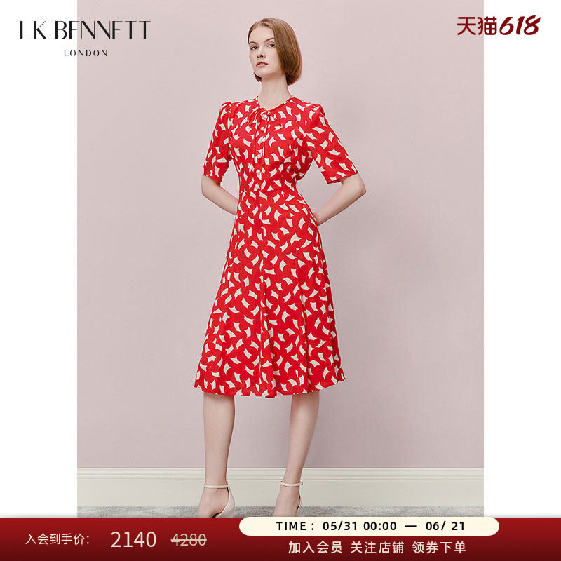 LK BENNETT红色印花真丝连衣裙女长款短袖收腰法式a字裙夏季