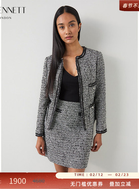 LK BENNETT灰色小香风上衣女秋新款法式套装圆领撞色气质