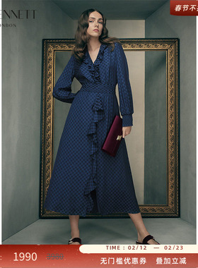 LK BENNETT深蓝连衣裙女2025年秋季新款棋盘格纹V领荷叶边长袖裙