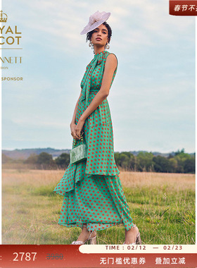 【皇家赛马会】LK BENNETT绿色波点连衣裙女2025年春飘带领无袖
