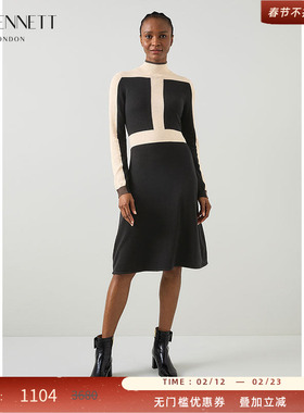 LK BENNETT黑色针织连衣裙女秋新款高领收腰撞色设计感长袖
