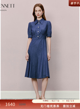 LK BENNETT蓝色翻领连衣裙女2025年夏新款法式收腰泡泡袖中长裙