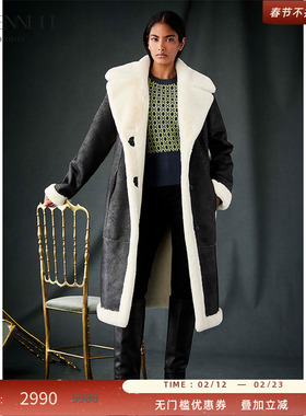 LK BENNETT黑色加绒大衣2025冬新款大翻领立裁长款时尚通勤外套