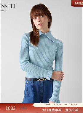LK BENNETT蓝色针织衫2026春新款绵羊毛竖条纹木耳花边袖套头翻领