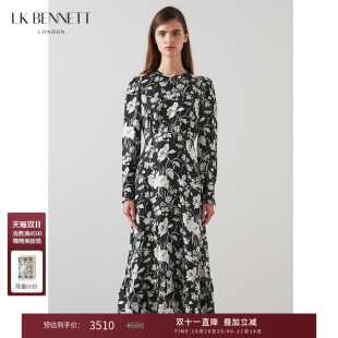 lkbennett黑色山茶花印花连衣裙桑蚕丝高级感长裙 朱珠同款