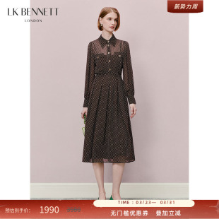LK BENNETT咖啡色波点连衣裙年冬新款法式复古polo领收腰长裙
