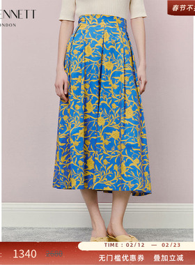 LK BENNETT蓝色半身裙2025年夏新款伞裙中长款独特黄色印花纯棉