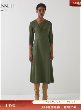 LK BENNETT深绿色连衣裙女2025年秋新款不规则领七分袖褶裥中长款