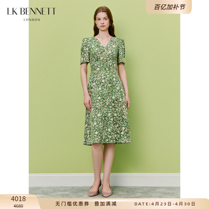 LK BENNETT绿色碎花连衣裙26春新款桑蚕丝混纺V领收腰复古茶歇裙