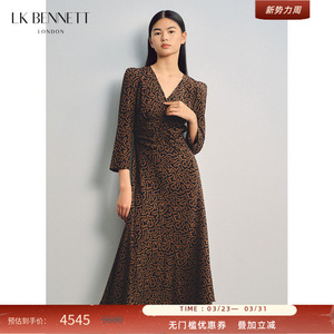 【朱珠同款】LK BENNETT棕色印花真丝连衣裙长款v领收腰优雅气质