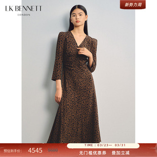 BENNETT棕色印花真丝连衣裙长款 v领收腰优雅气质 朱珠同款