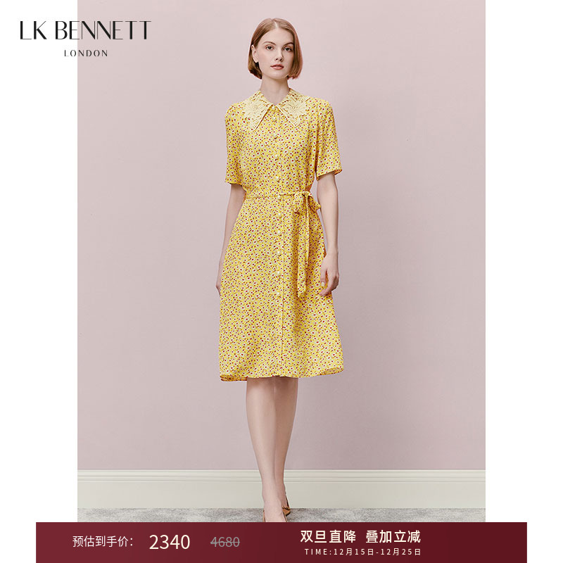 lkbennett仙气碎花真丝连衣裙女夏季短袖法式娃娃领收腰衬衫裙