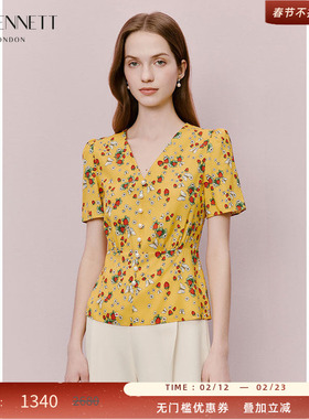 LK BENNETT黄色印花上衣2025年夏新款v领短袖法式泡泡袖优雅衬衫
