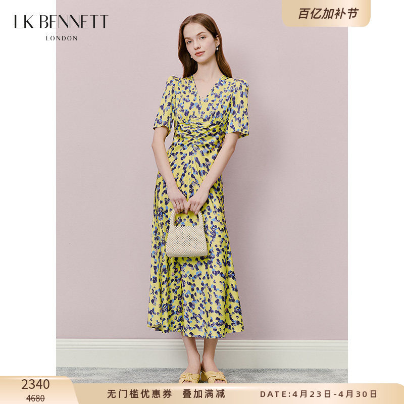 LK BENNETT黄色v领连衣裙泼墨印花法式收腰抽褶气质桑蚕丝混纺