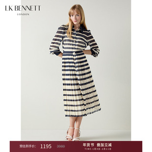 LK BENNETT蓝白条纹polo领连衣裙女秋新款通勤长袖衬衫式