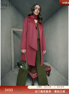 LK BENNETT红色100%绵羊毛大衣2025冬新西装翻领落肩围巾气质外套