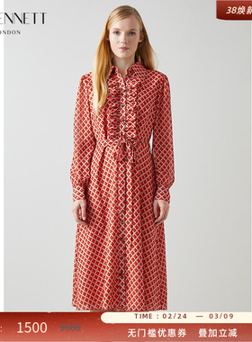 LK BENNETT红色格子连衣裙女春新款长袖法式气质收腰衬衫长裙