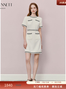 LK BENNETT白色小香风连衣裙2025年春夏新款撞色织带设计圆领短款