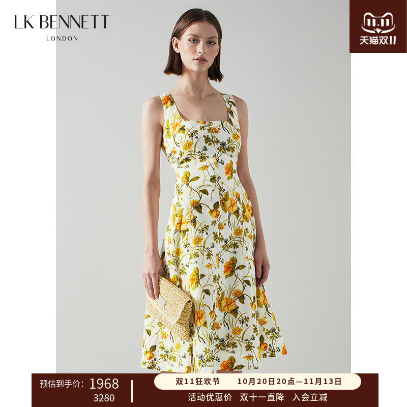 LK BENNETT黄色印花无袖连衣裙方领度假风清新浪漫吊带裙