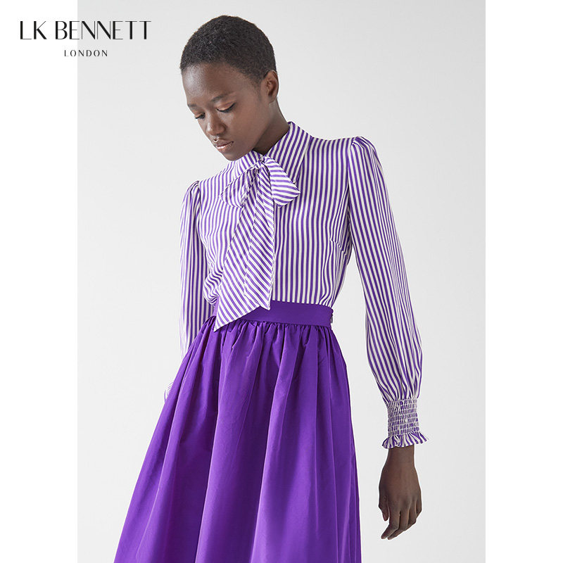 【毛晓彤同款】LK BENNETT紫色条纹真丝衬衫女春长袖系带法式洋气