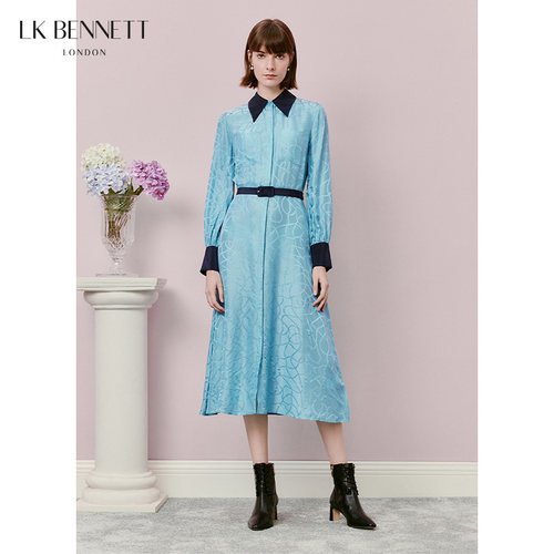 LK BENNETT蓝色连衣裙女秋季新款提花衬衫领撞色中长款系带