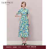 本布腰带收腰衬衫 BENNETT蓝绿色纯棉印花连衣裙2025年夏新款 裙
