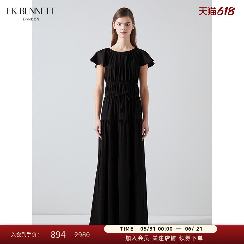 LK BENNETT黑色荷叶边连衣裙女夏新款收腰度假风沙滩长裙礼服