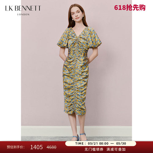 LK BENNETT黄色印花连衣裙夏新款v领泡泡袖抽褶修身收腰显