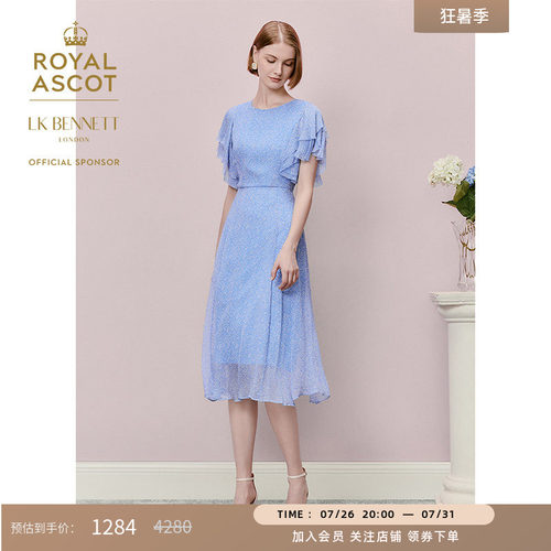 【皇家赛马会】LK BENNETT蓝色连衣裙女春新款法式荷叶袖
