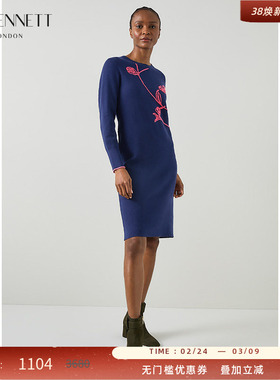 LK BENNETT深蓝色立体花卉图案连衣裙冬新款圆领撞色设计H型