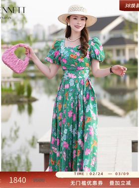 LK BENNETT绿色印花连衣裙2025年夏新款纯棉泡泡袖褶裥设计方领