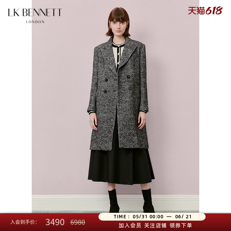 【吴谨言同款】LK BENNETT灰色棉羊毛大衣中长鱼骨纹西装翻领