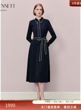 LK BENNETT藏青色撞色连衣裙女2025年春收腰系带气质衬衫领长裙