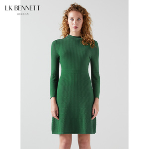 LK BENNETT绿色法式镂空针织连衣裙女春秋长袖弹力修身短款小a裙