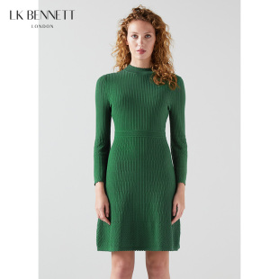 LK BENNETT绿色法式镂空针织连衣裙女春秋长袖弹力修身短款小a裙