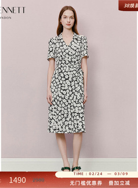 LK BENNETT黑色印花连衣裙2025年夏新款v领收腰系带法式复古优雅