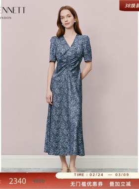 LK BENNETT深蓝色印花真丝连衣裙2025年夏新款V领收腰法式复古优