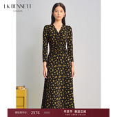 朱珠同款 BENNETT黑色碎花连衣裙女春v领收腰优雅印花长裙