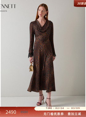 LK BENNETT袖口蕾丝豹纹连衣裙2025年秋新款V型堆领收腰中长款裙