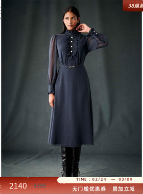 LK BENNETT深绿连衣裙女2025年秋季新款木耳边领长袖收腰裙