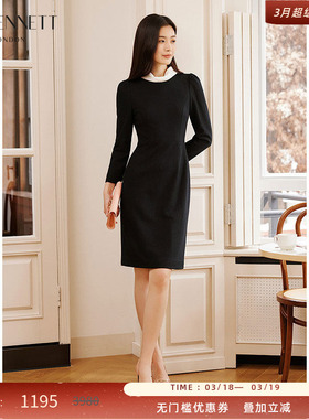 LK BENNETT黑色连衣裙女冬新款法式修身撞色元宝领小黑裙