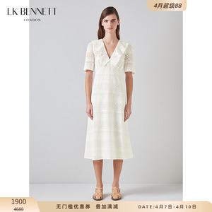 LK BENNETT白色翻领连衣裙女新款短袖镂空刺绣纯棉优雅淑女风