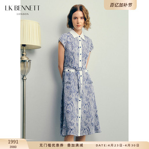 LK BENNETT蓝色真丝连衣裙女夏新款短袖收腰衬衫裙桑蚕丝缎面