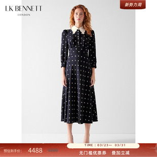 真丝 中袖 新款 翻领收腰长裙 BENNETT深蓝波点连衣裙2026春季