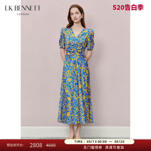 LK BENNETT蓝色印花连衣裙夏新款V领收腰法式复古优雅