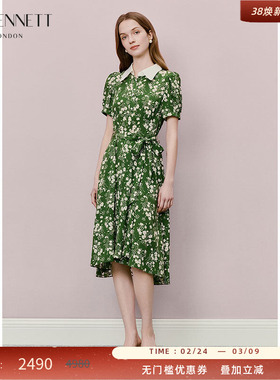LK BENNETT绿色连衣裙2025年夏新款翻领印花系带文艺清新连衣裙